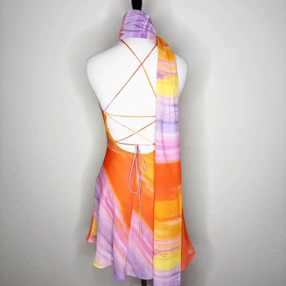 For Love & Lemons Sunny Mini Dress XS Sunset Tie Dye Orange Pink Resort Party - Picture 7 of 13
